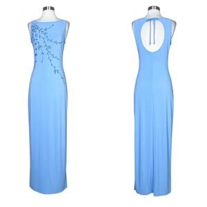 Eye Candy | 90s Vintage Floral Beaded Glitter Y2K Baby Blue Open Back Maxi Dress